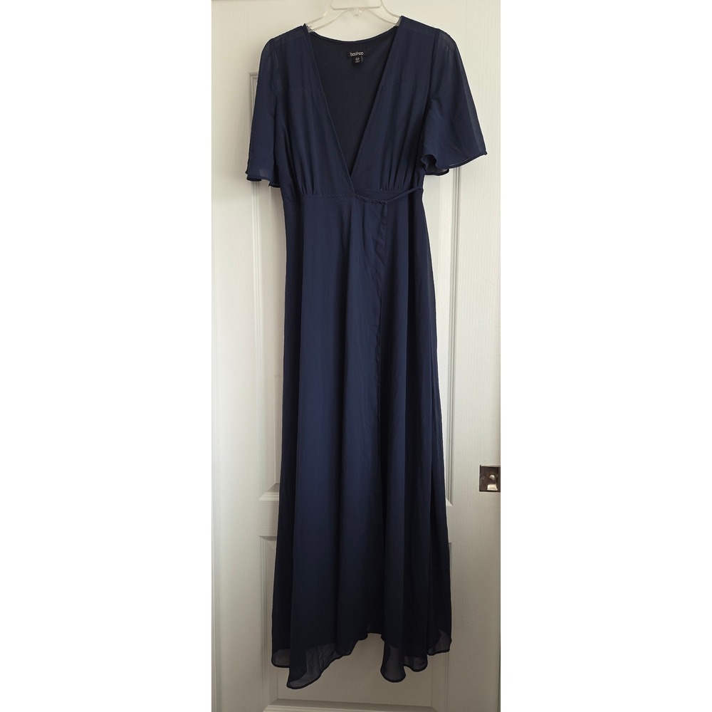 Boohoo Navy Flutter‎ Sleeve Wrap Maxi Dress Formal Evening Party Occasion Sz 8 - Picture 4 of 8